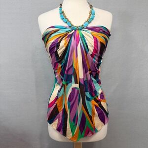 VTG Sky Geometric Boho Halter Top Womens Size M 100% Silk Y2K Beaded Necklace